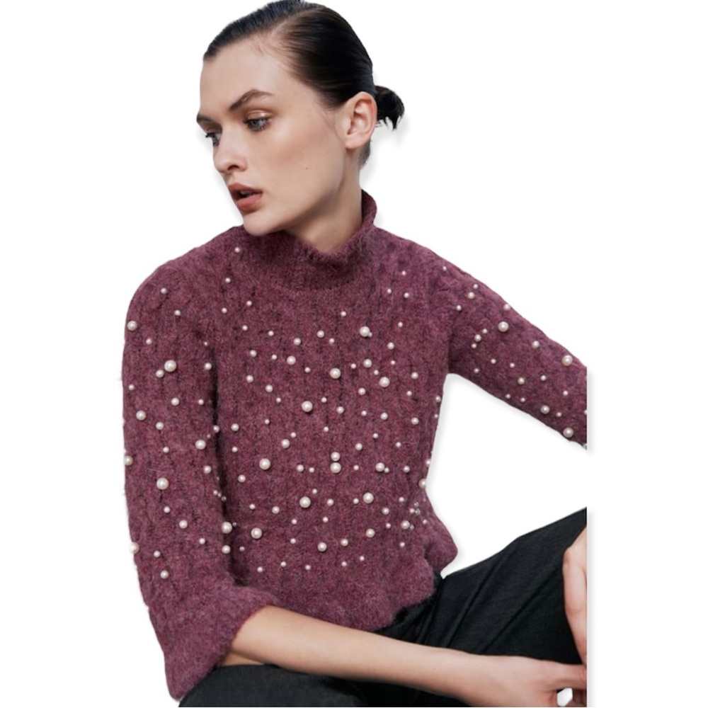 Zara Pearl Ruffle Hem Sweater